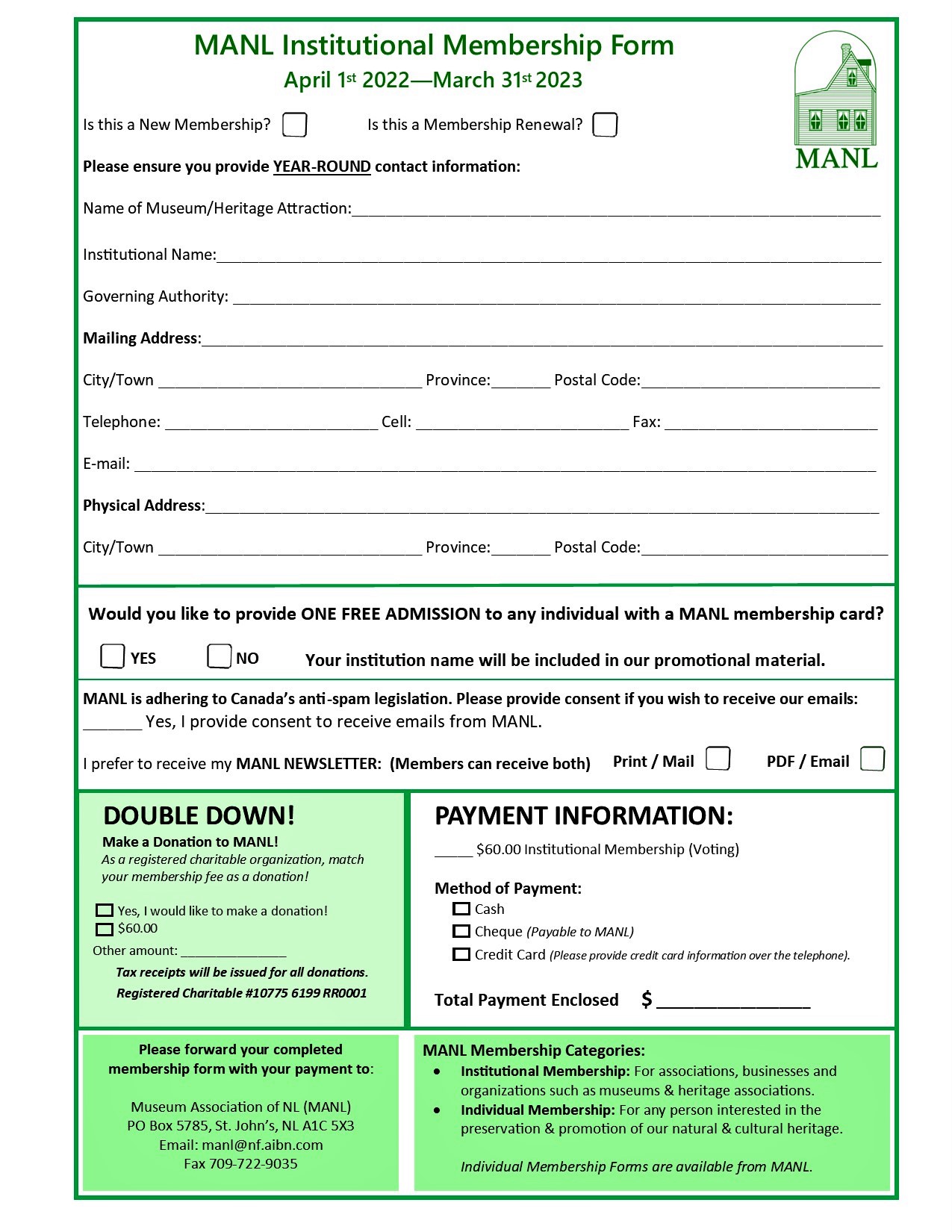MANL Membership Renewal – Museum Association of Newfoundland and Labrador